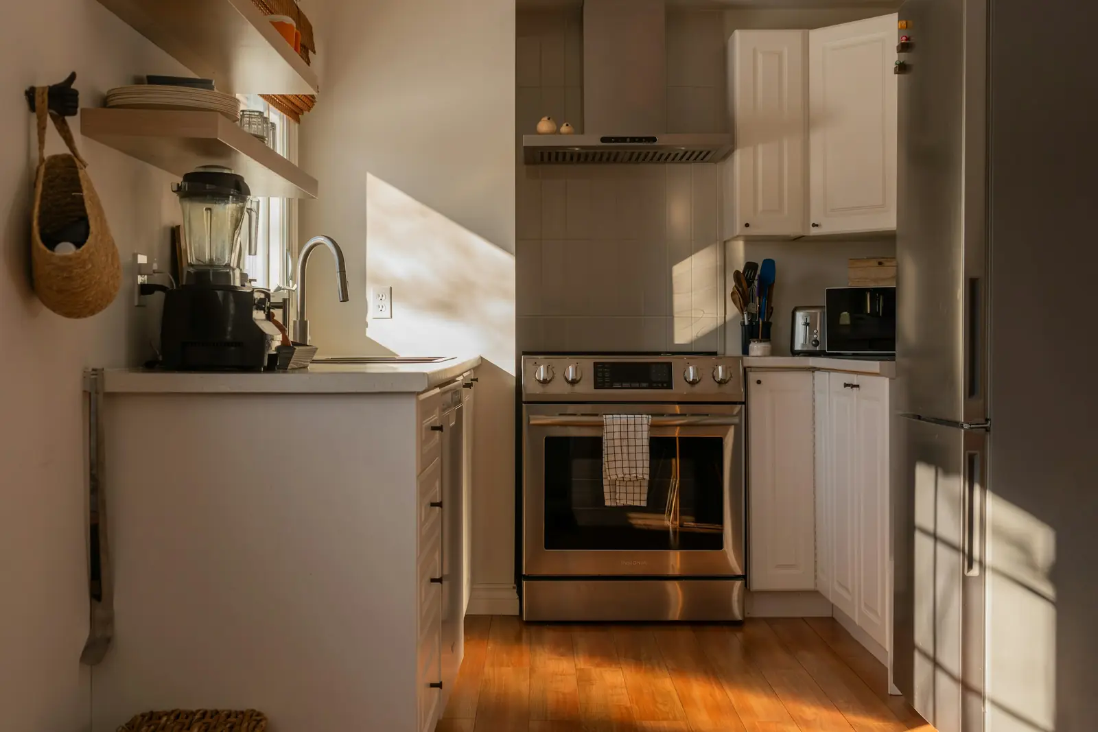 Sunlit kitchen with open shelves